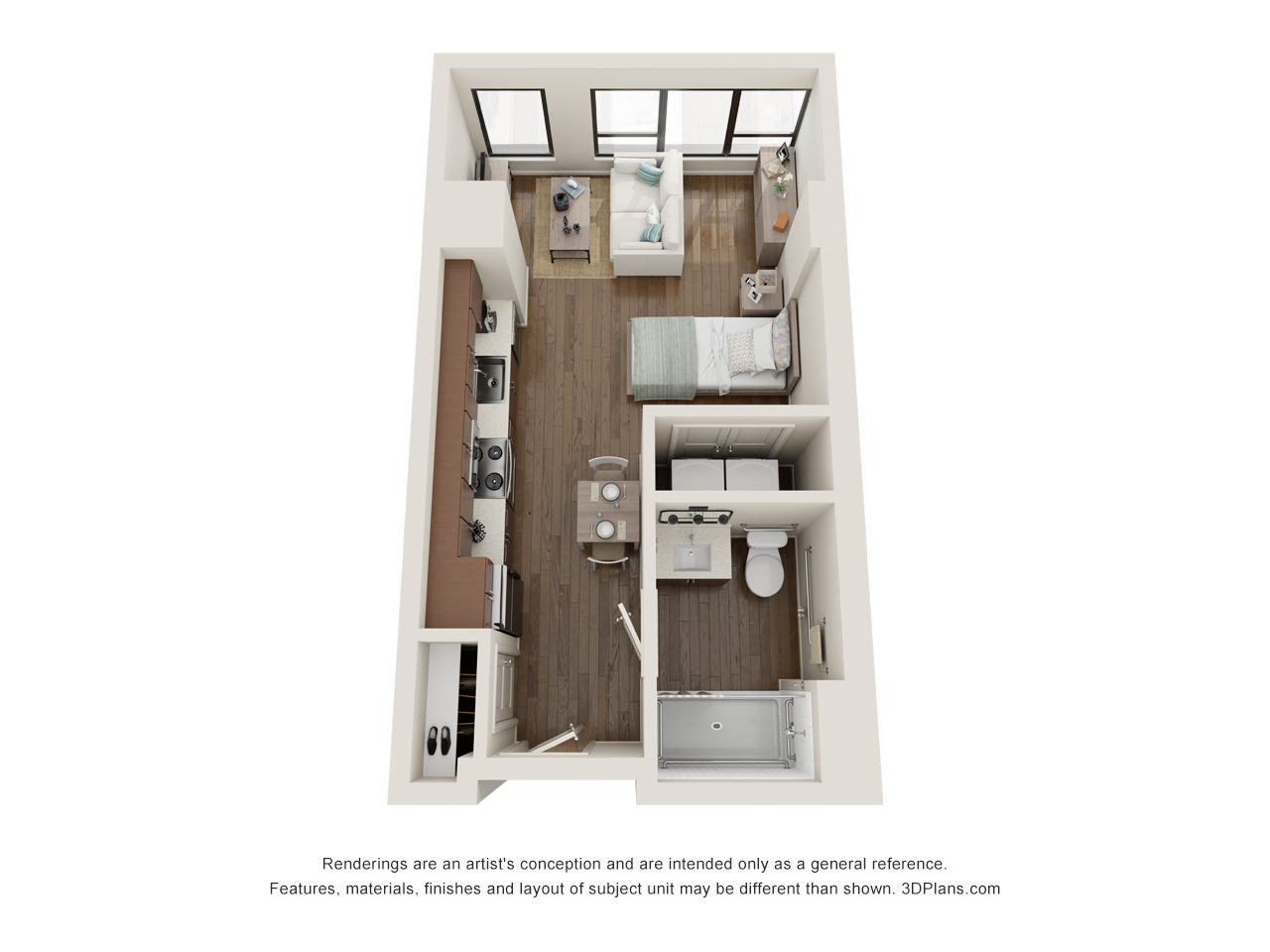Studio 1 Bathroom Apartment 3D Floorplan in Oak Park Illinois