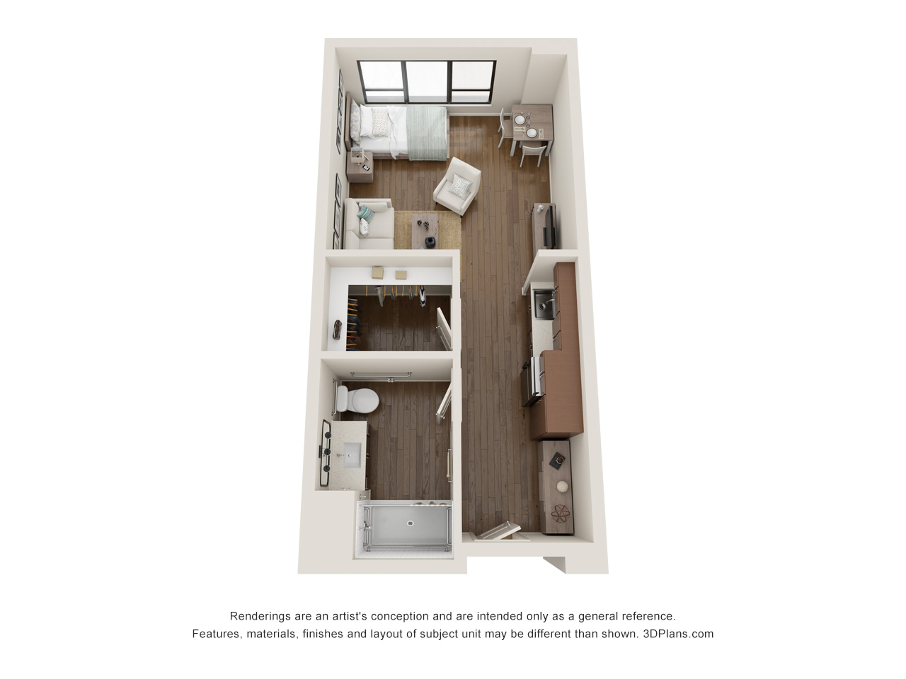 Studio 1 Bathroom Apartment 3D Floorplan in Oak Park Illinois