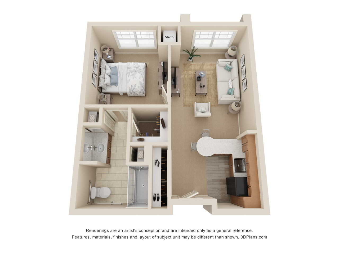 3D Floor plan of  retirement community apartment, with one bedroom one bathroom.