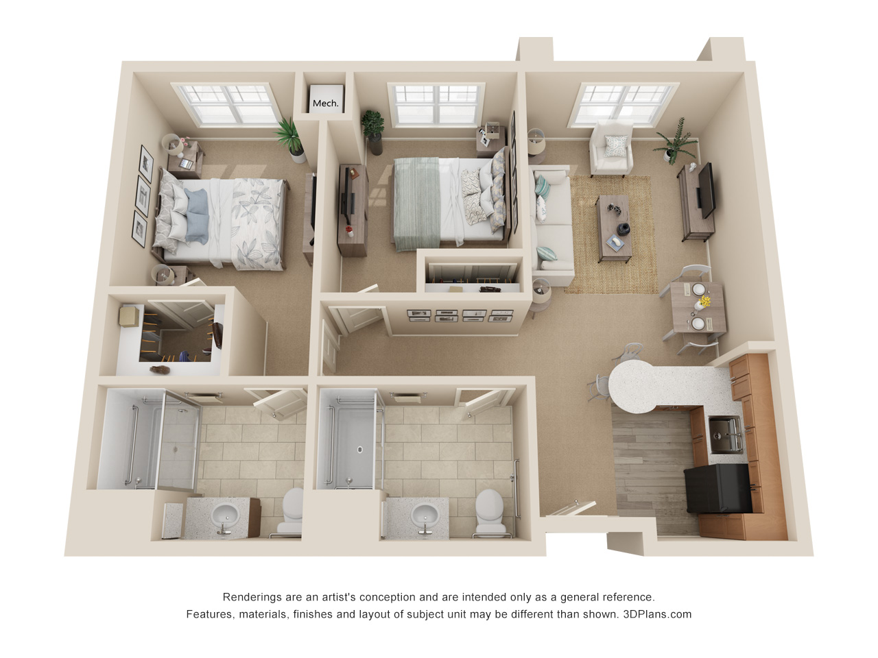 3D Floor plan of assisted living community, with 2 bedroom 2 bathroom.