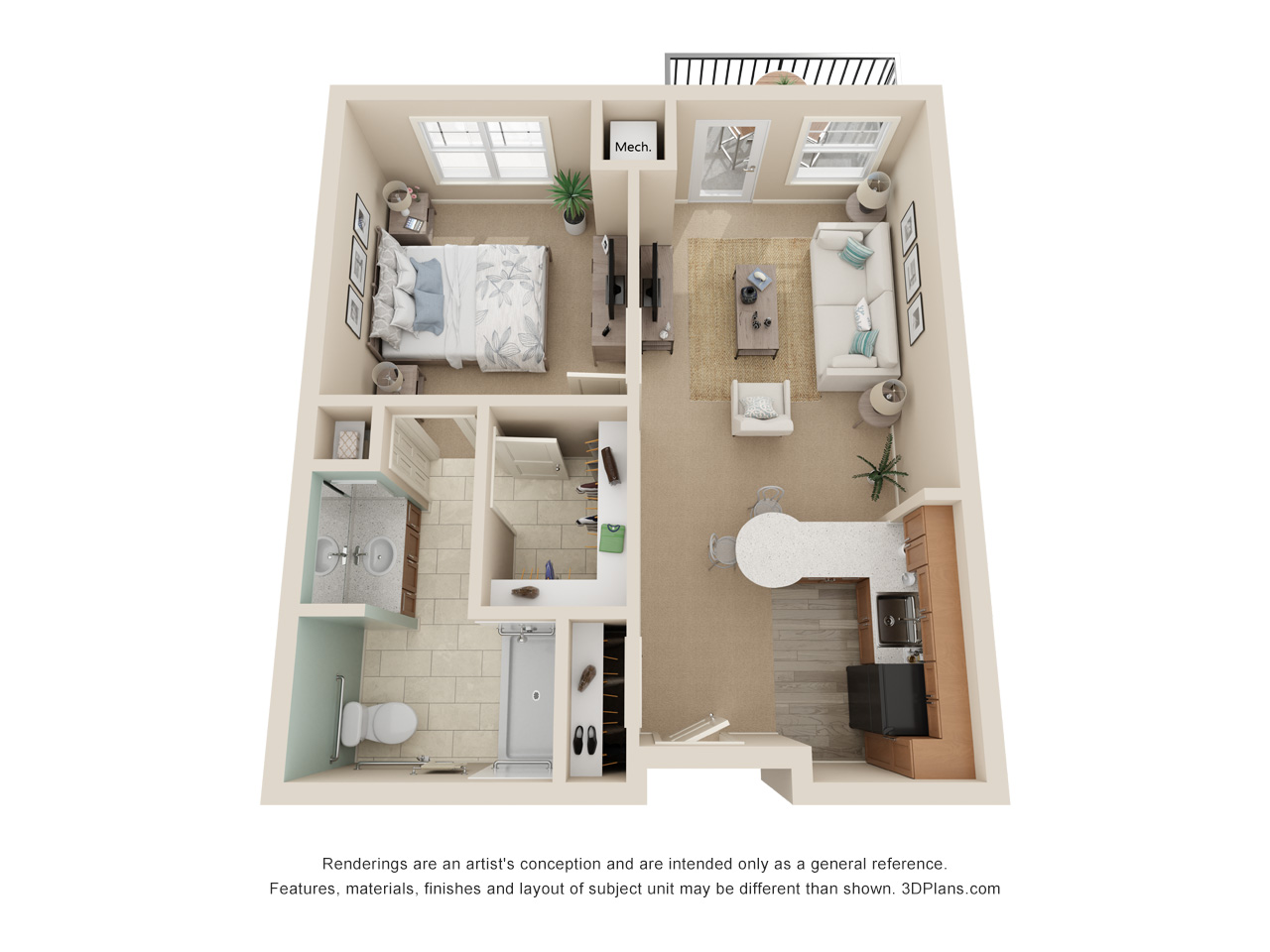 3D Floor plan of assisted living facility apartment, with one bedroom one bathroom.