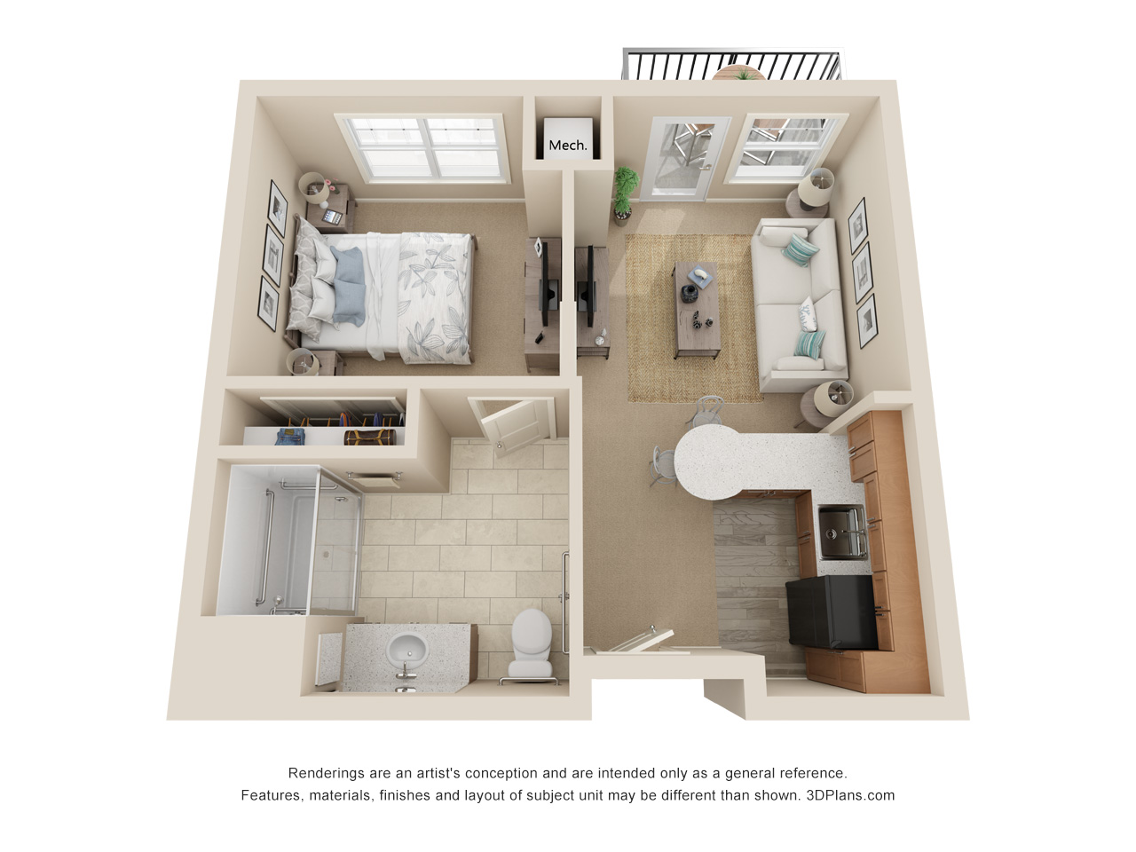 3D Floor plan of assisted living apartment, with one bedroom one bathroom.