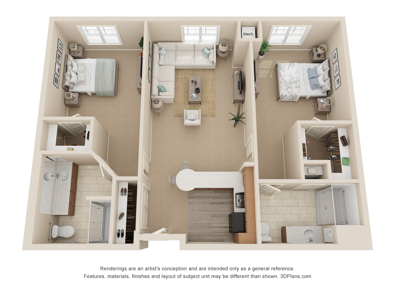 3D Floor plan of senior community apartment, with 2 bedroom 2 bathroom.