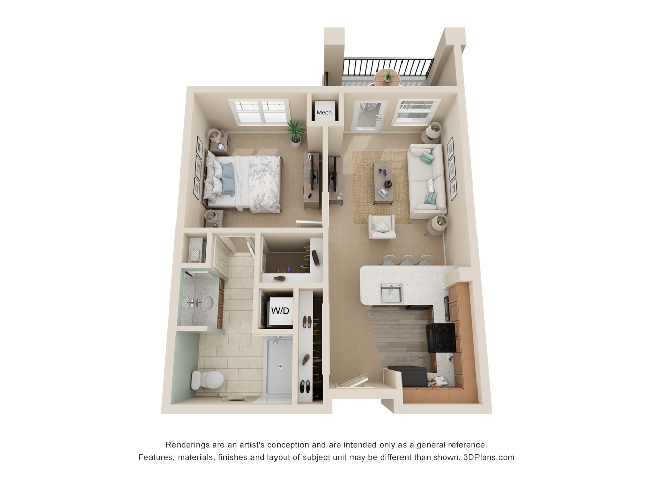 3D Floor plan of independent living apartment, with one bedroom one bathroom.