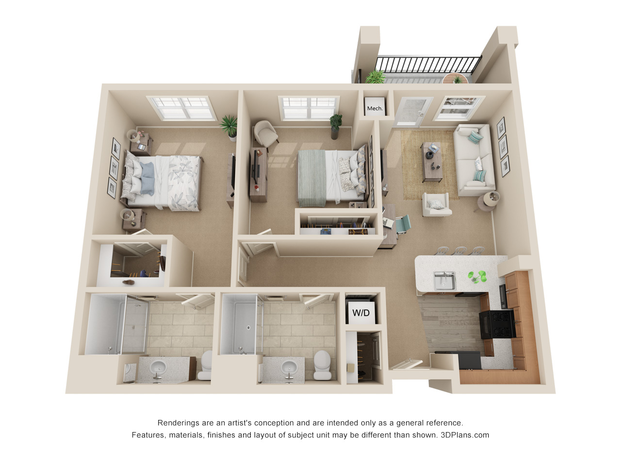 3D Floor plan of elder home apartment, with 2 bedroom 2 bathroom.