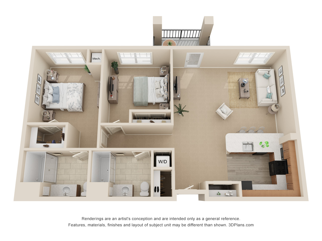 3D Floor plan of convalescent home apartment, with 2 bedroom 2 bathroom.