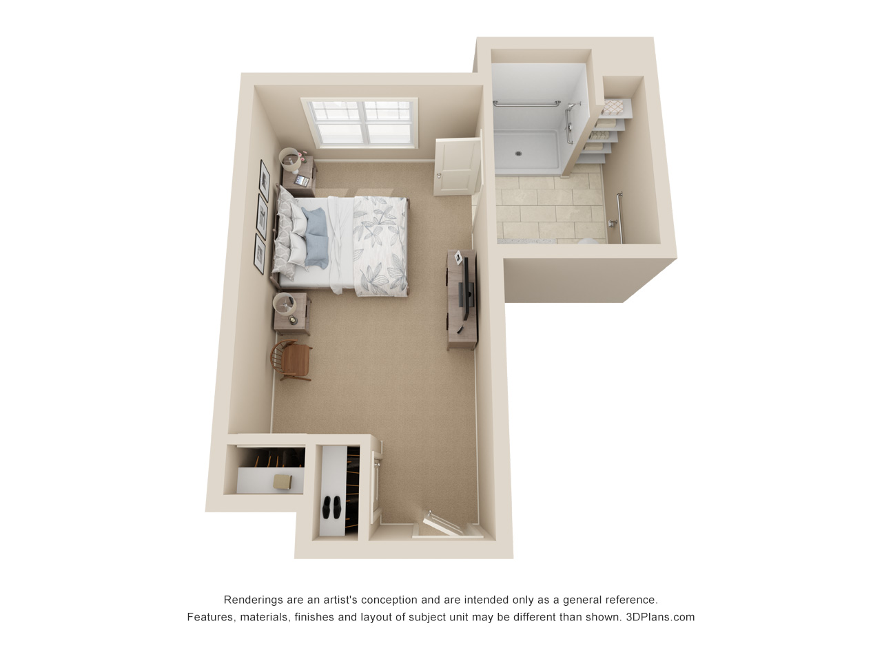 3D Floor plan of memory care studio apartment.