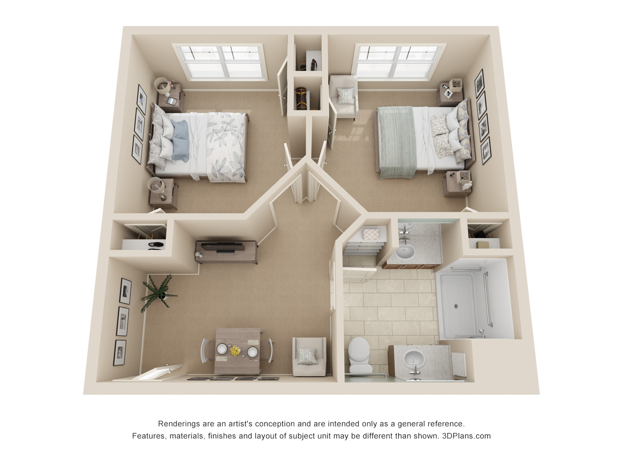 3D Floor plan of dementia care apartment, with 2 bedroom one bathroom.