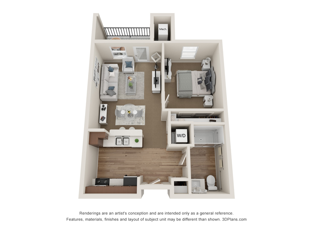 3D Floorplan of a senior living apartment in Bloomfield Hills, MI with one bed, one bath