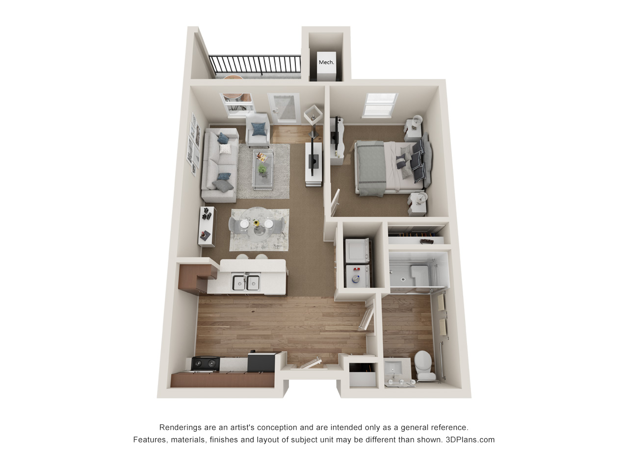 3D Floorplan of a elder care apartment in Bloomfield Hills, MI with one bed, one bath