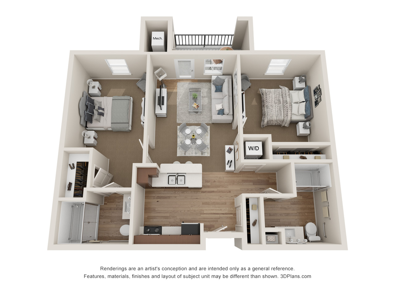3D Floorplan of an assisted living apartment in Bloomfield Hills, MI with 2 bed, 2 bath