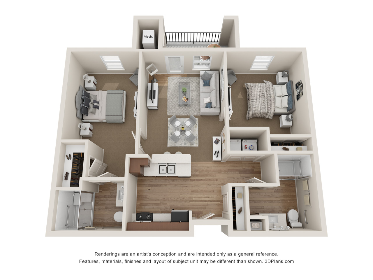3D Floodplan of a retirement home apartment in Bloomfield Hills, MI with one bed, one bath
