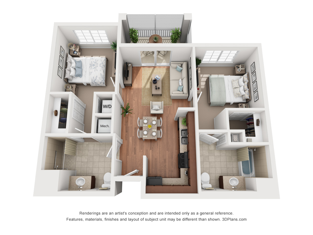 A two bedroom, two bathroom living arrangement for seniors at an independent living facility.