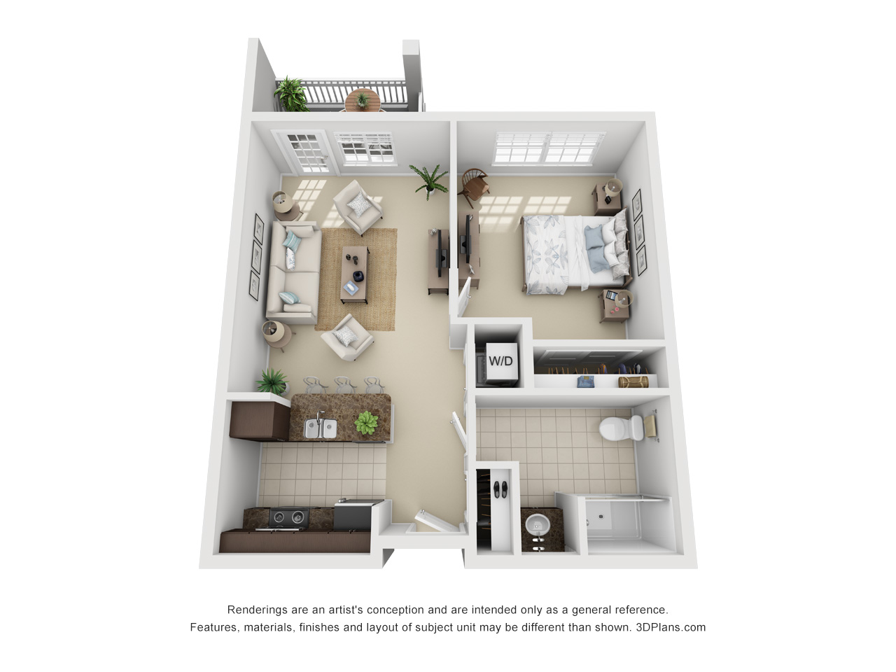 A one bedroom apartment with a balcony for seniors needing assisted living
