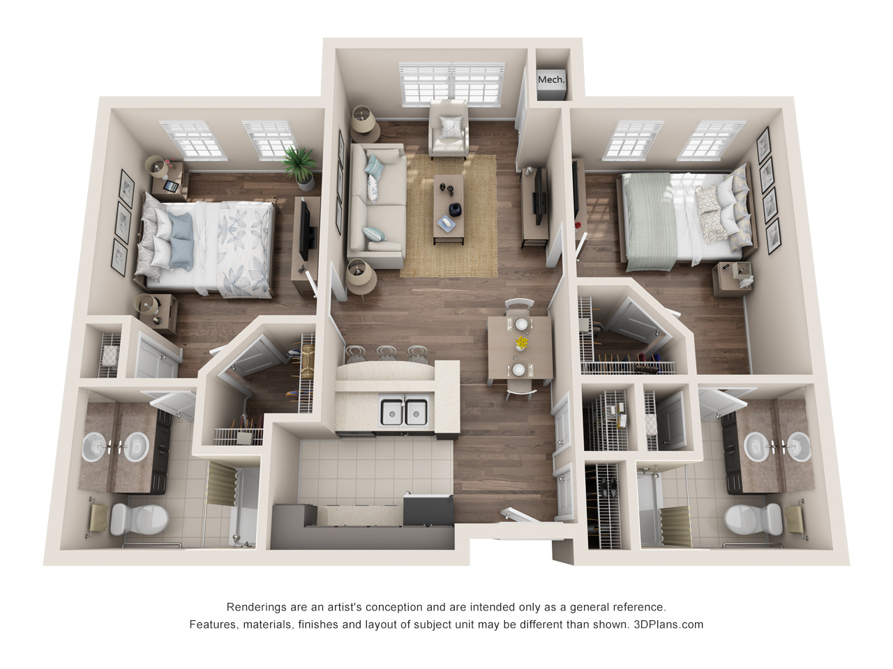 assisted living 2 bedroom apartment 3d floorplan in estero florida