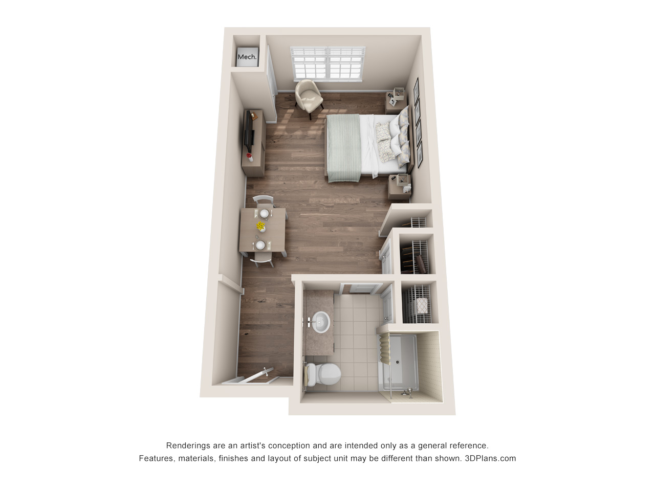 Memory care studio apartment 3D floorplan in Estero Florida