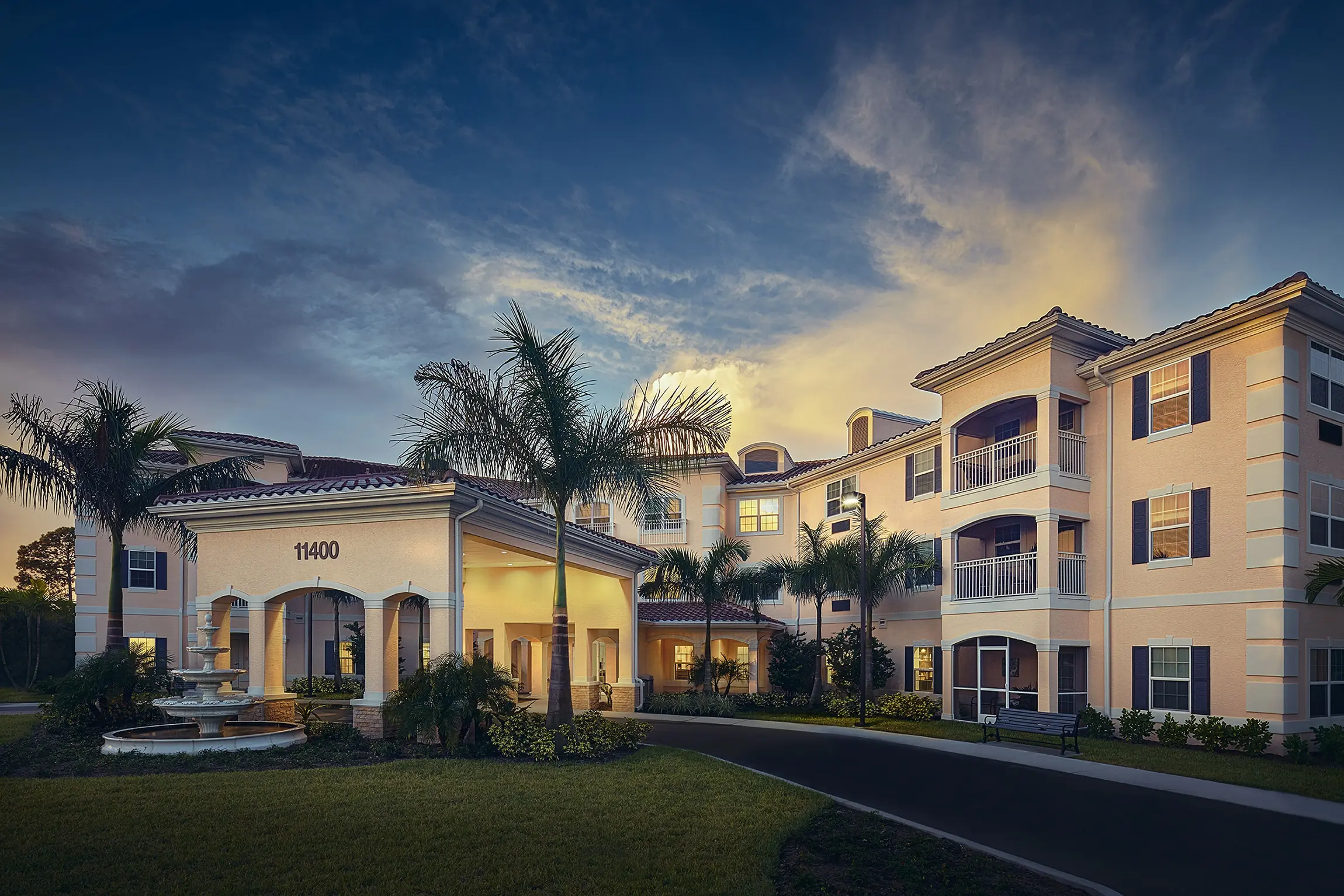 American House Bonita Springs front entrance at sunset