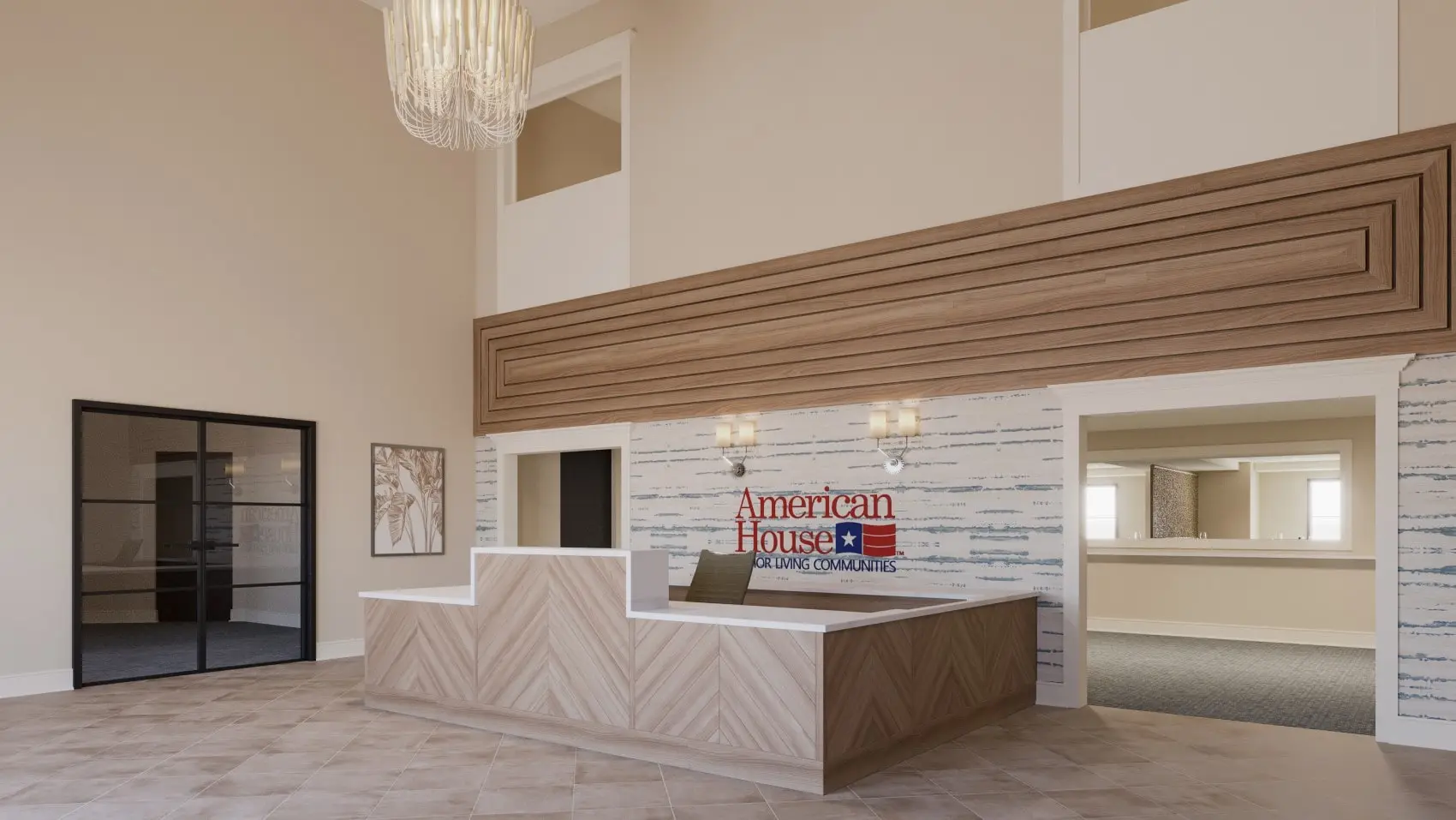 Rendering of a lobby and intake area at a senior living facility in Bonita Springs, FL