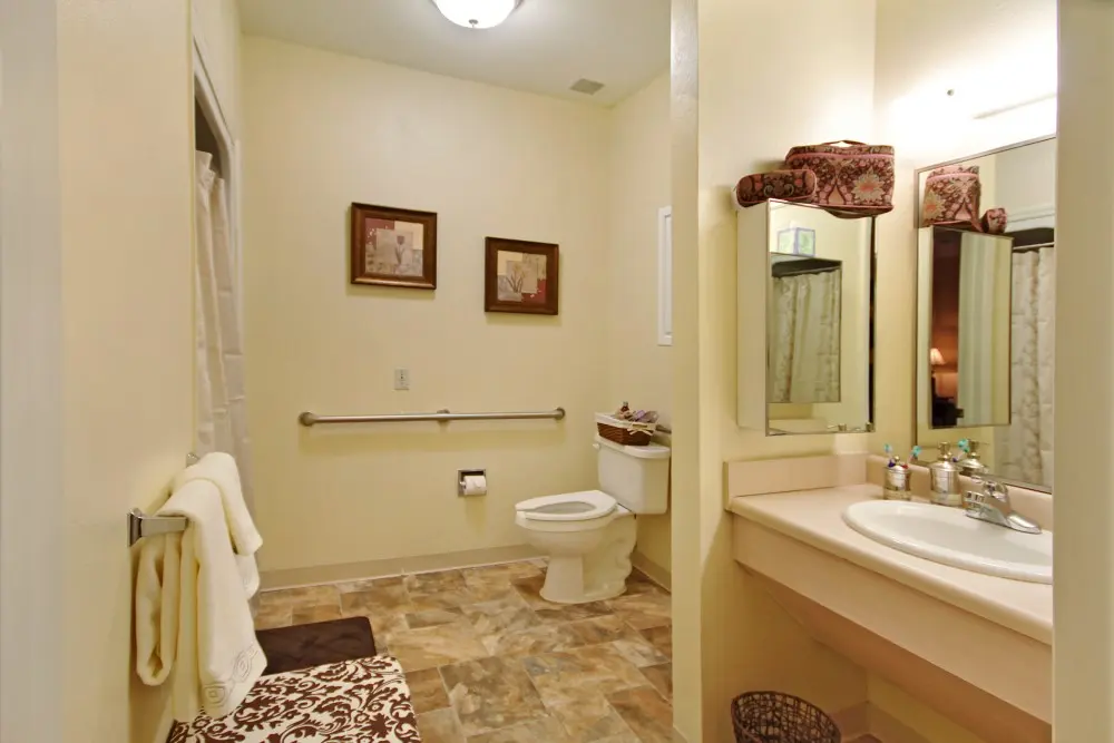 Bathroom of a senior apartment at American House Brentwood, a senior living community in Nashville, Tennessee