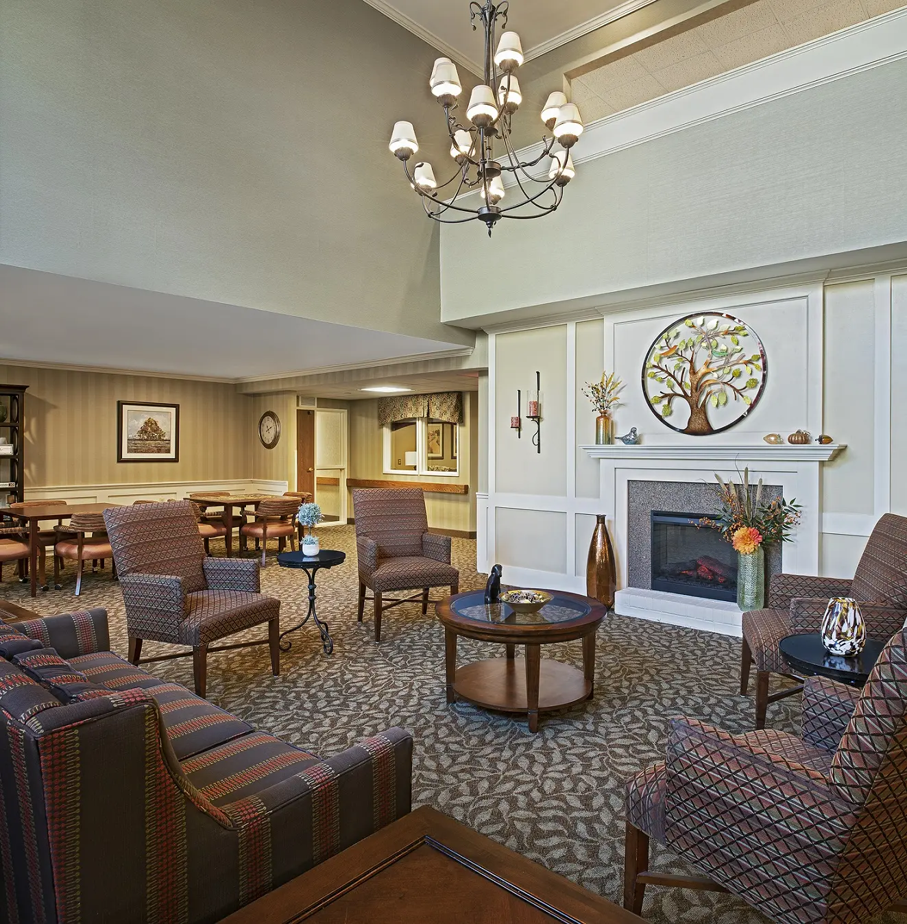 Carpeted common area / lobby of American House Carpenter, a senior living community in Ypsilanti, Michigan