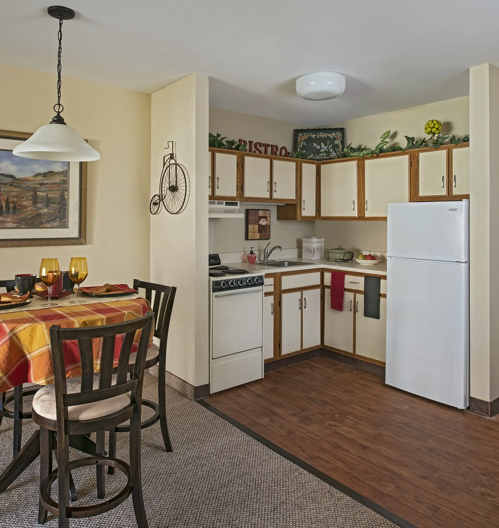 Kitchenette of a senior apartment at American House Carpenter, a senior living community in Ypsilanti, Michigan