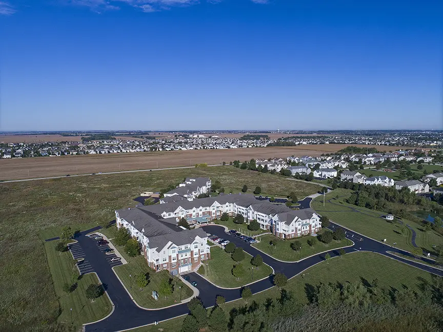Aerial shot of American House Cedarlake, a senior living community in Plainfield, Illinois
