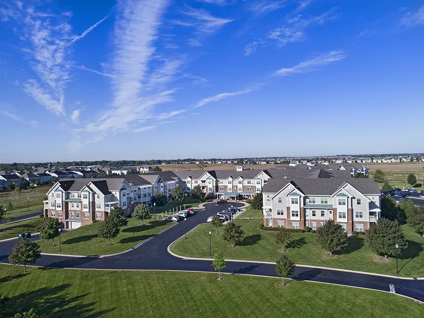Aerial shot of American House Cedarlake, a retirement community in Plainfield, Illinois