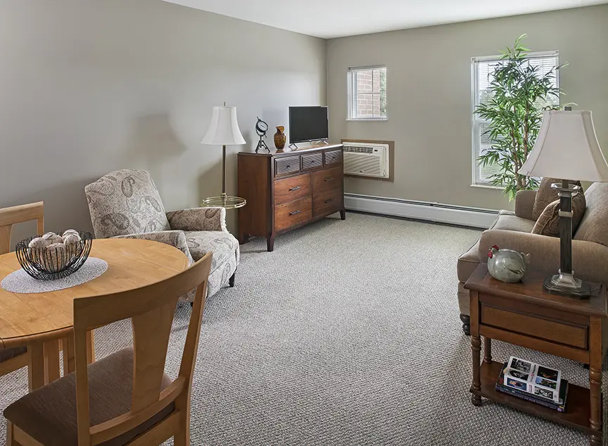 Family room of a senior apartment at American House Cedarlake, a retirement community in Plainfield, Illinois