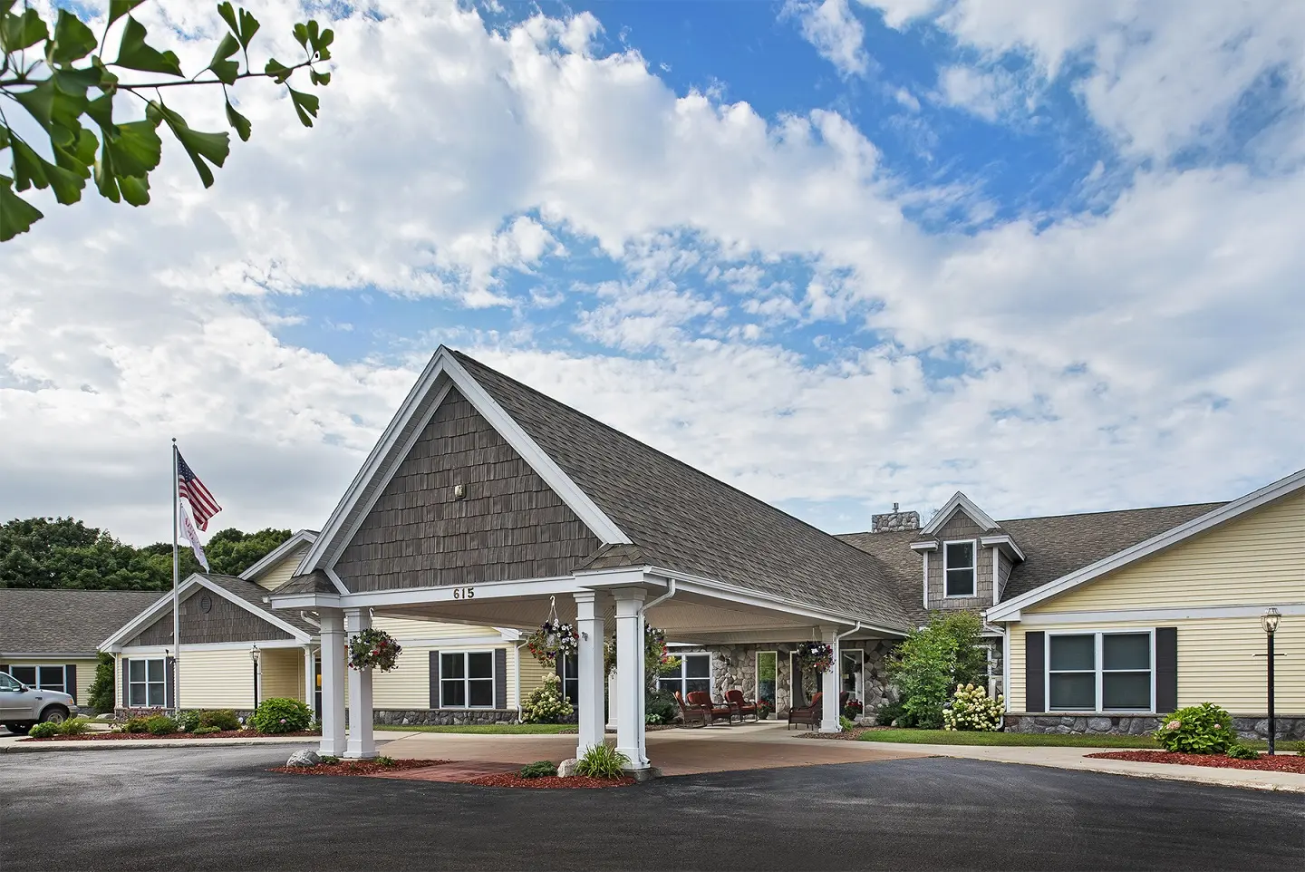 Exterior shot of American House Charlevoix, a senior living community in Charlevoix, Michigan