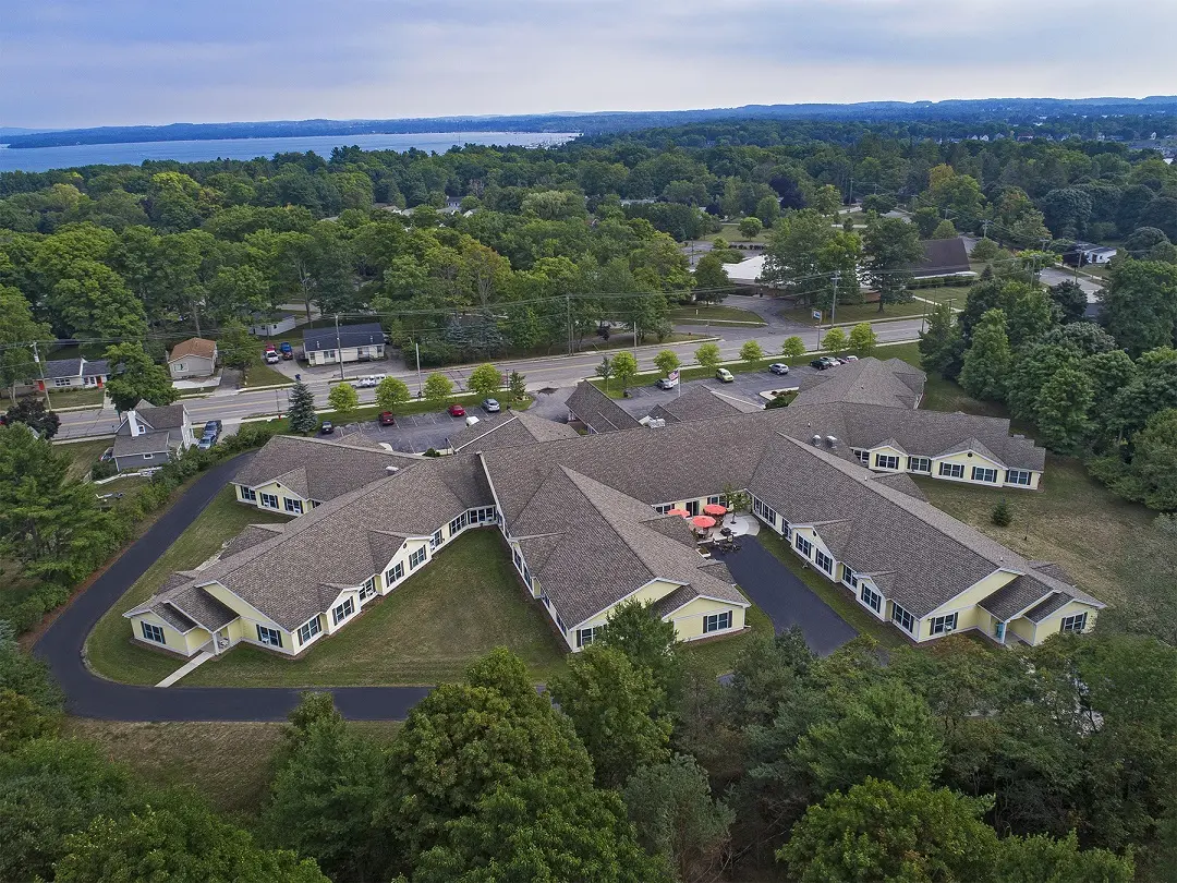 Bird's eye view of American House Charlevoix, a retirement community in Charlevoix, Michigan