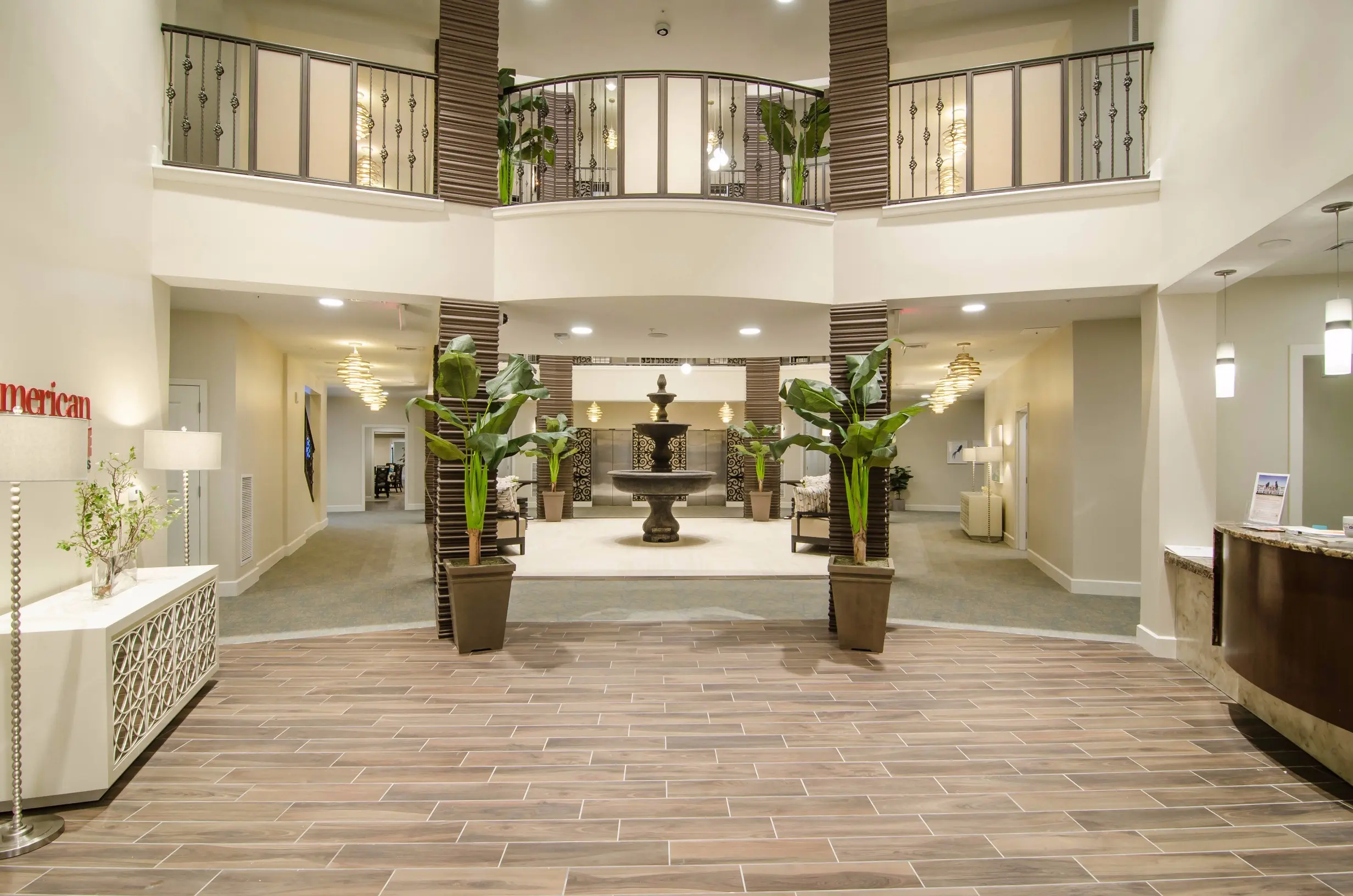 Lobby / fountain at American House Coconut Point, a retirement community in Estero, FL