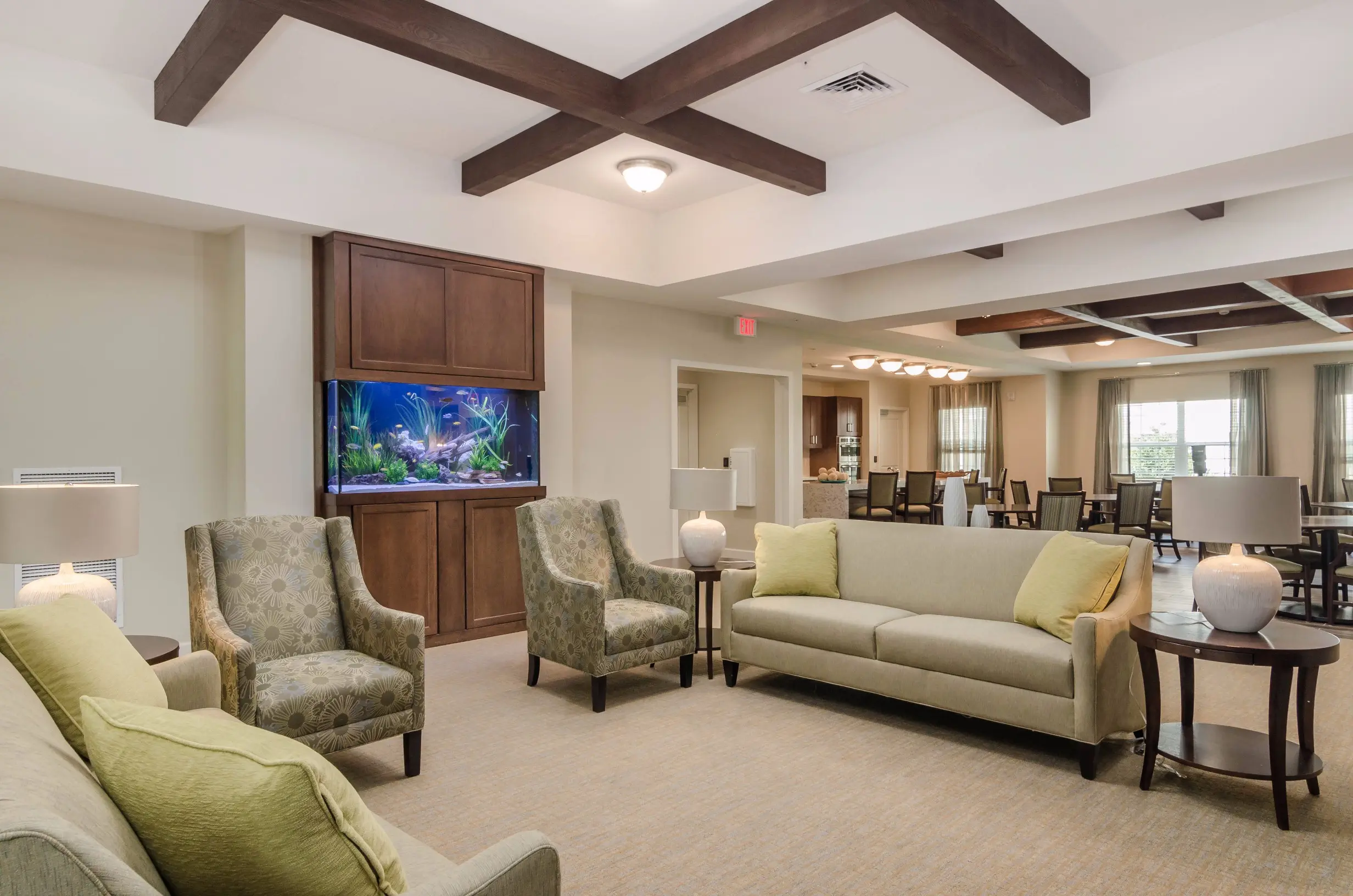 Common / dining area at American House Coconut Point, a senior living community in Estero, FL