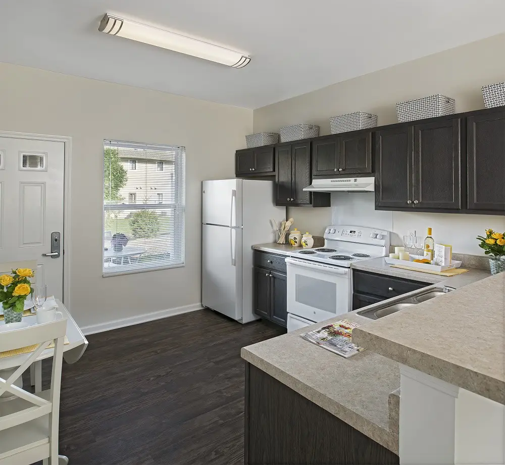 Kitchenette of a senior apartment at American House East I Villas, an Independent senior living community in Roseville, Michigan