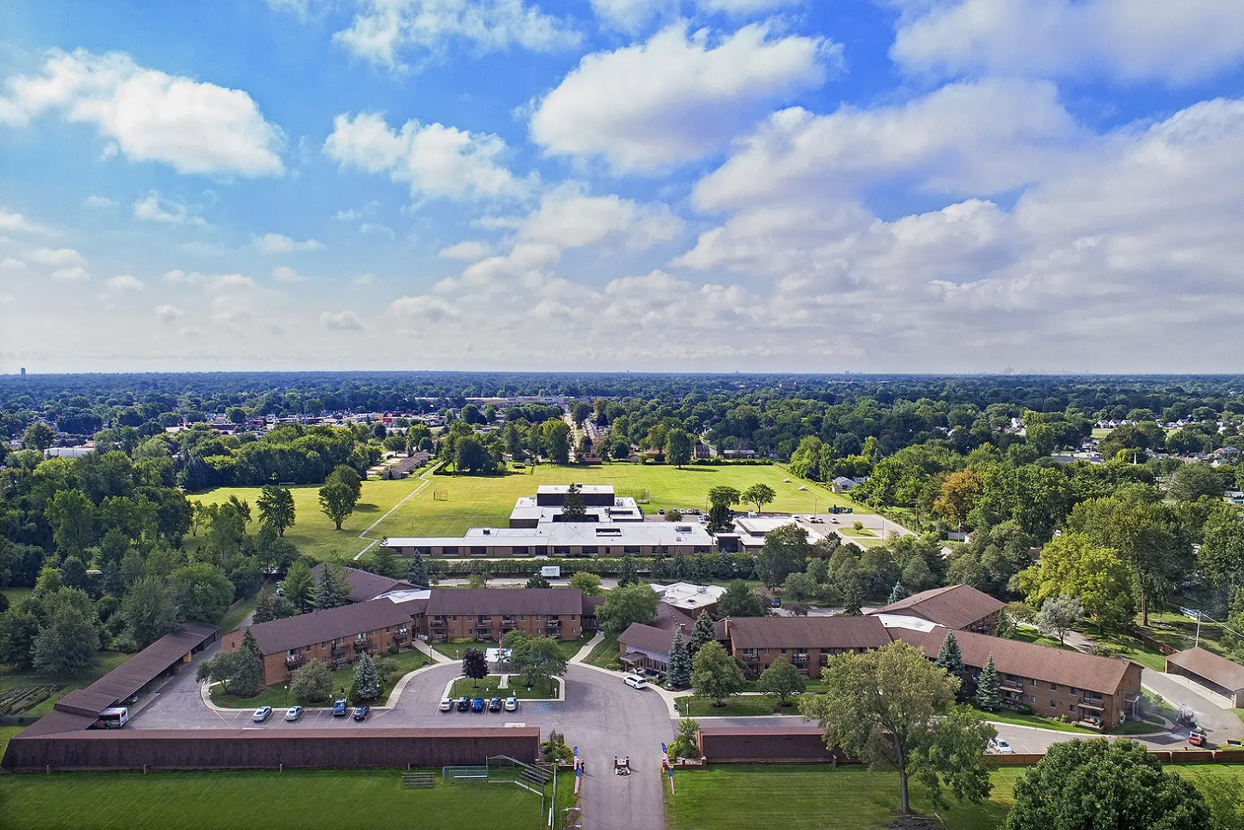 Bird's eye view of American House East II, a senior living community in Roseville, Michigan