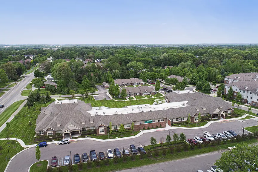 Ariel view of American House Freedom Place Rochester, a memory care community in Rochester, Michigan
