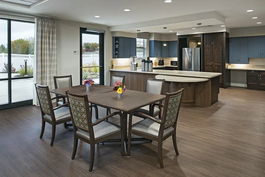 Dining area of American House Freedom Place Rochester, a memory care community in Rochester, Michigan