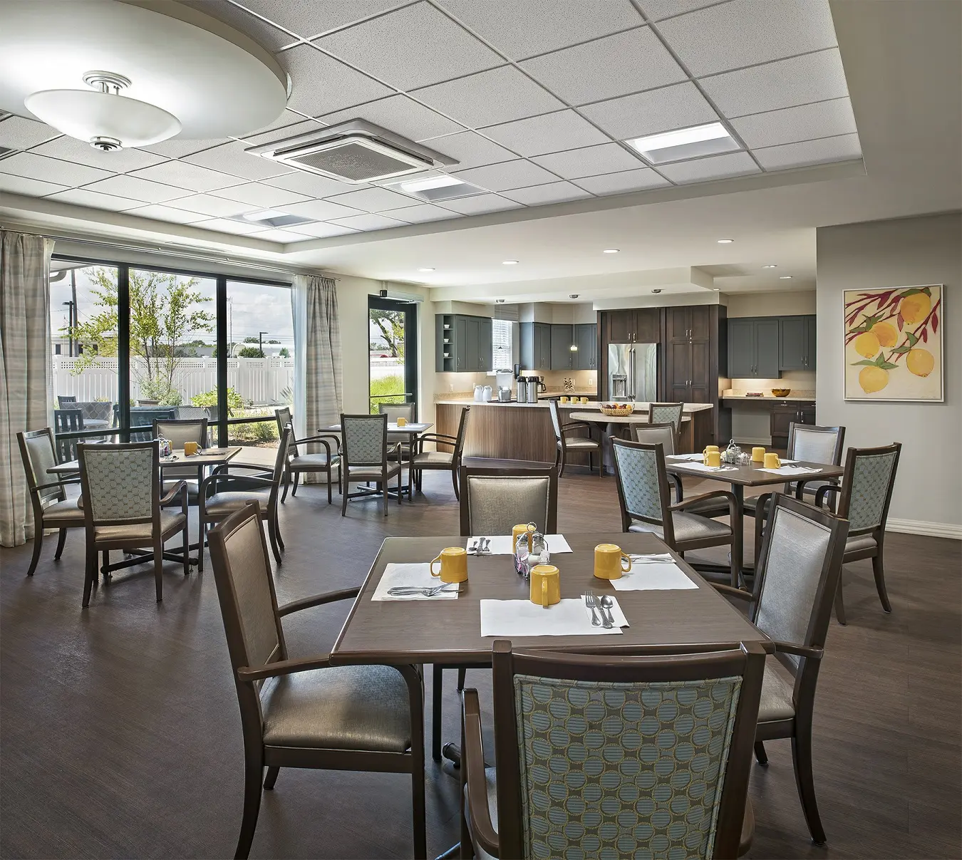 Dining area at American House Freedom Place Roseville, a memory care community in Roseville, Michigan