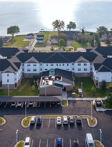 Aerial view of American House Lakeshore Senior Living campus in St. Clair Shores