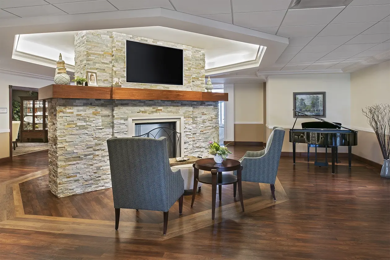 Lobby and fireplace at American House Macedonia, an assisted living facility in Macedonia, Ohio.