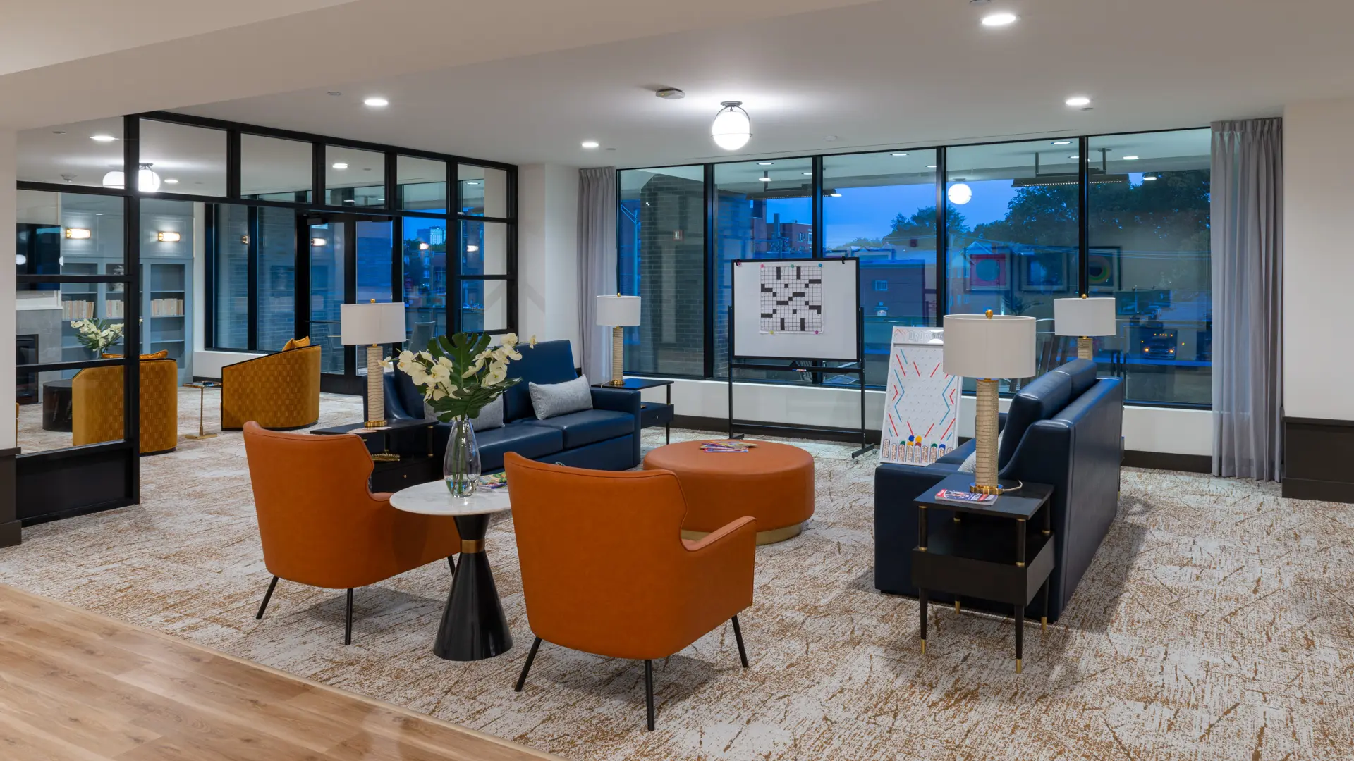 Lobby of American House Oak Park, a luxury senior living community in Oak Park, Illinois
