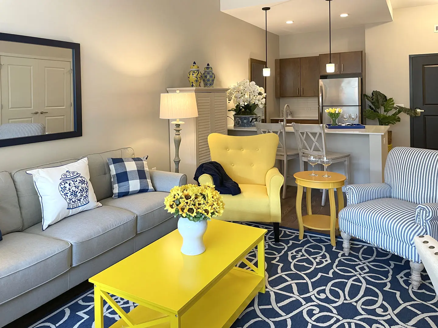 Kitchen and family room at American House Oak Park, a luxury assisted living community in Oak Park, Illinois