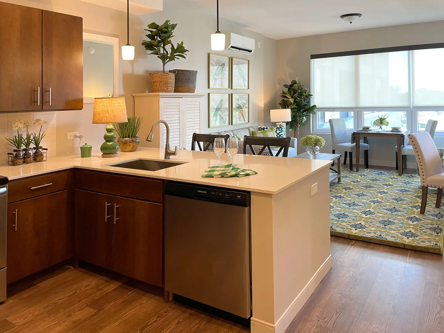 Kitchenette of a senior apartment at American House Oak Park, a luxury retirement home in Oak Park, Illinois