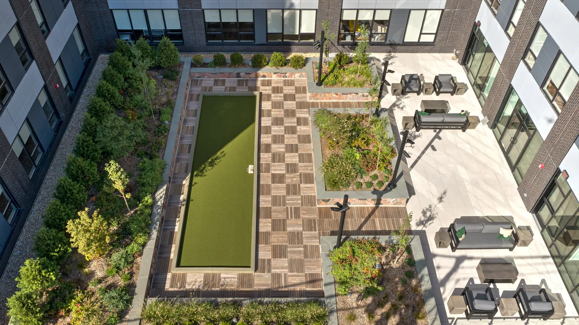 Rooftop view of the bocce court at American House Oak Park, a senior community in Oak Park Illinois