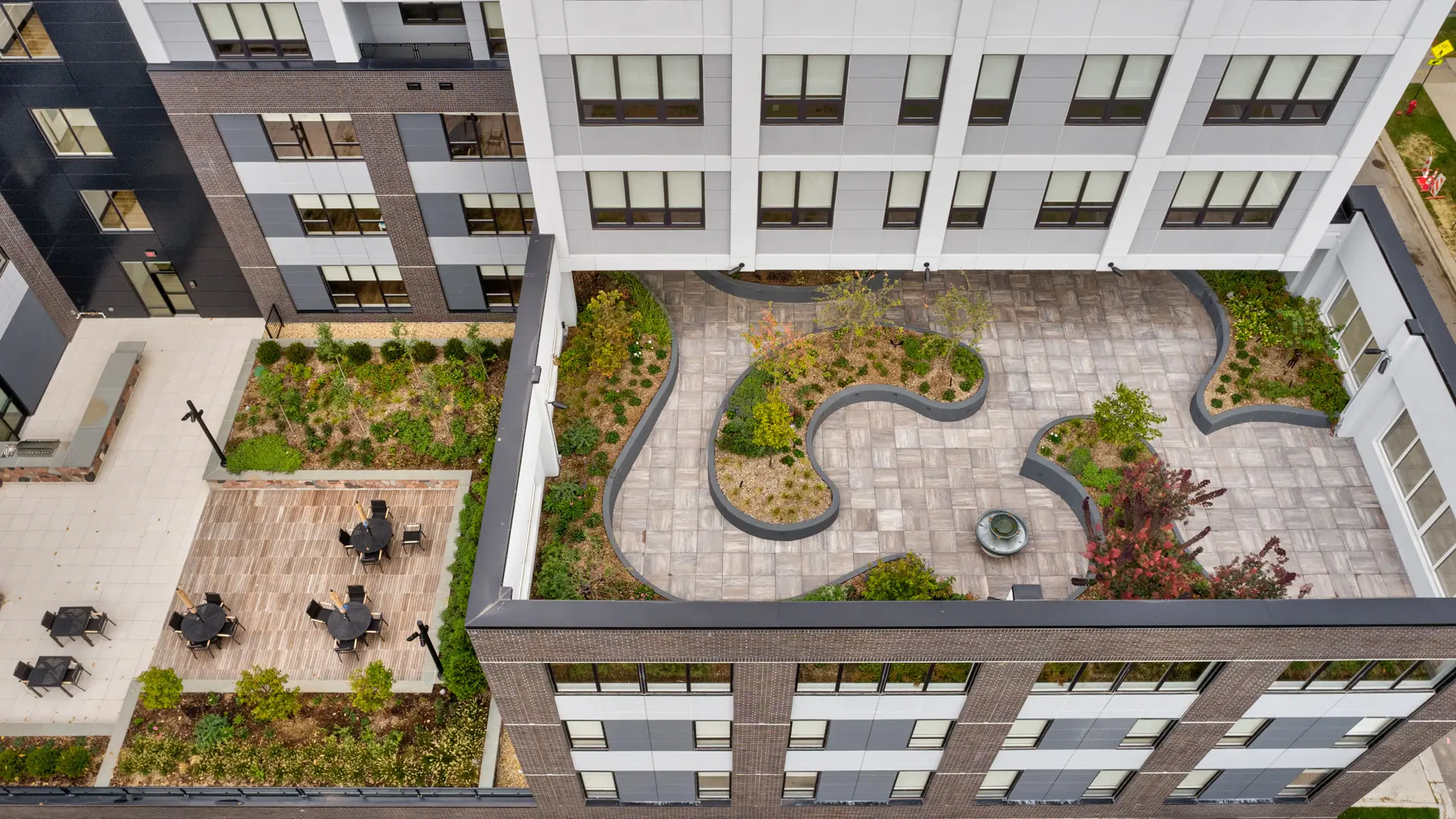 Bird's eye view of the memory care sensory garden at American House Oak Park