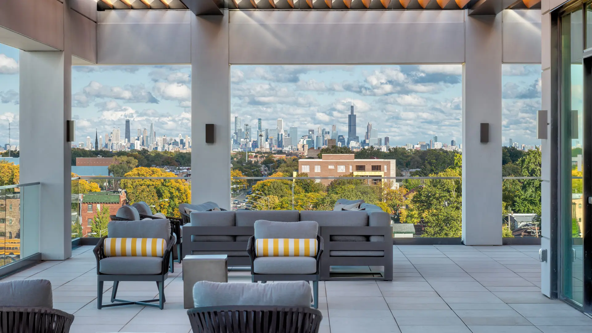Bistro terrace with a view of Downtown Chicago at American House Oak Park, a luxury retirement home in Oak Park, Illinois
