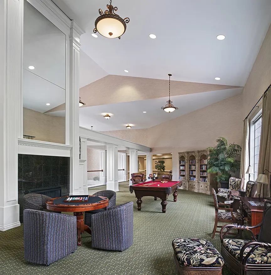 Lobby and billiards room at American House Park Place, a retirement home in Macomb County, Michigan