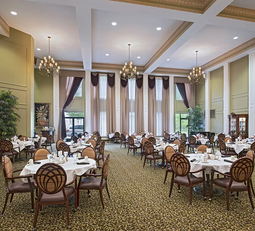 Dining hall at American House Park Place, an assisted living facility in Macomb County, Michigan