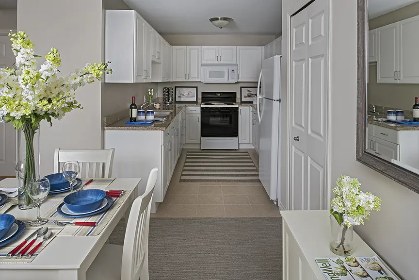 Kitchen of an apartment at American House Park Place, an assisted living facility in Macomb County, Michigan