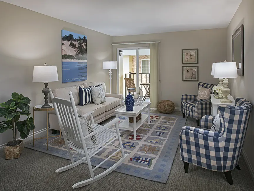 Family room of an apartment at American House Park Place, an assisted living facility in Macomb County, Michigan