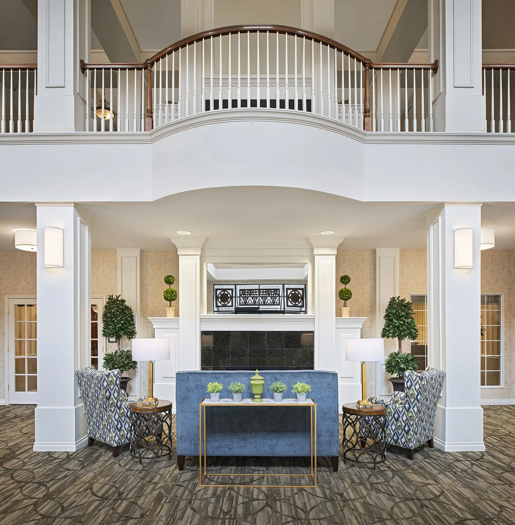 Grand lobby at American House Park Place, a retirement home in Macomb County, Michigan